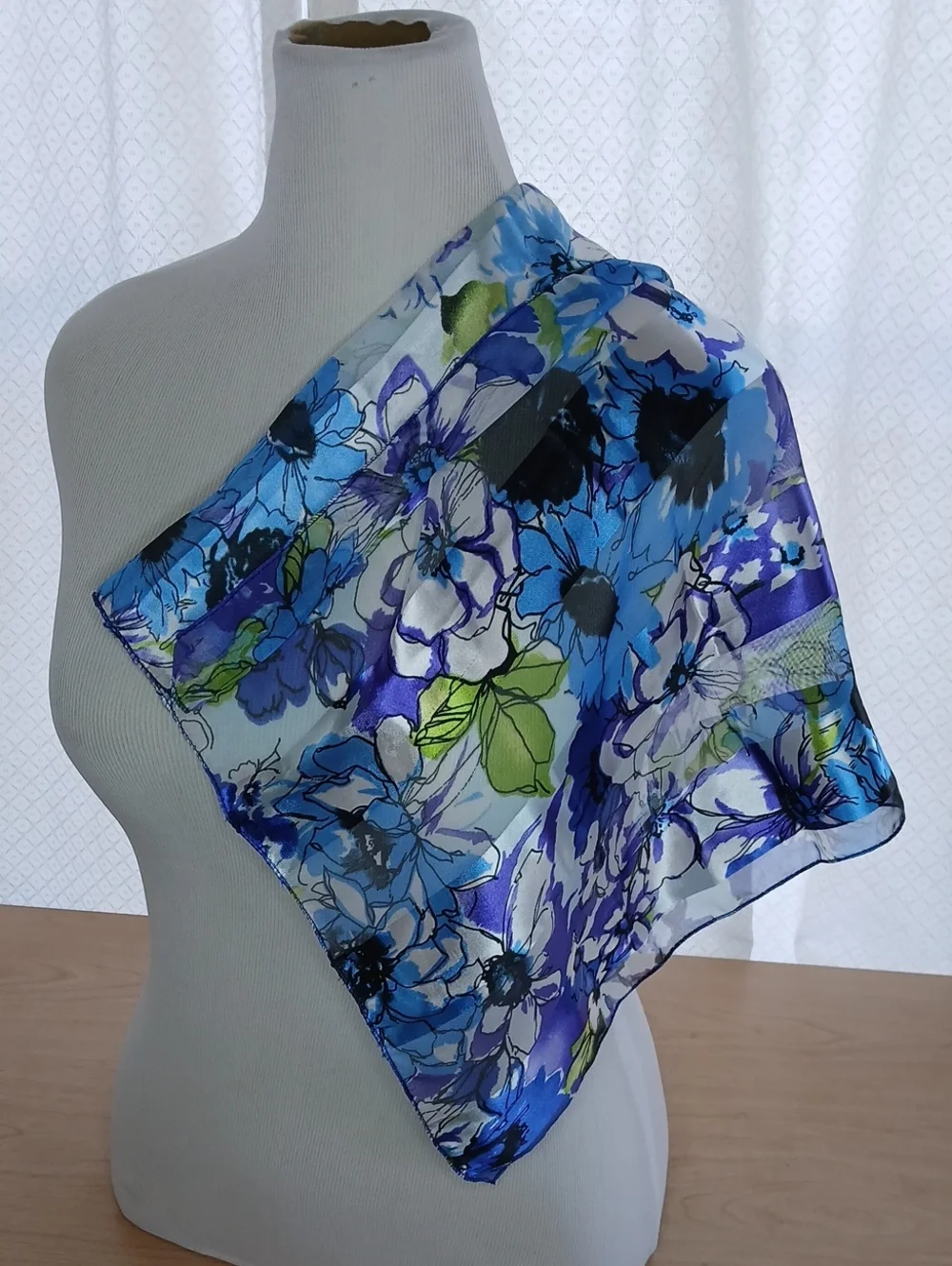 Blue Floral Sheer Wrap Scarf - Lightweight Women's Accessory